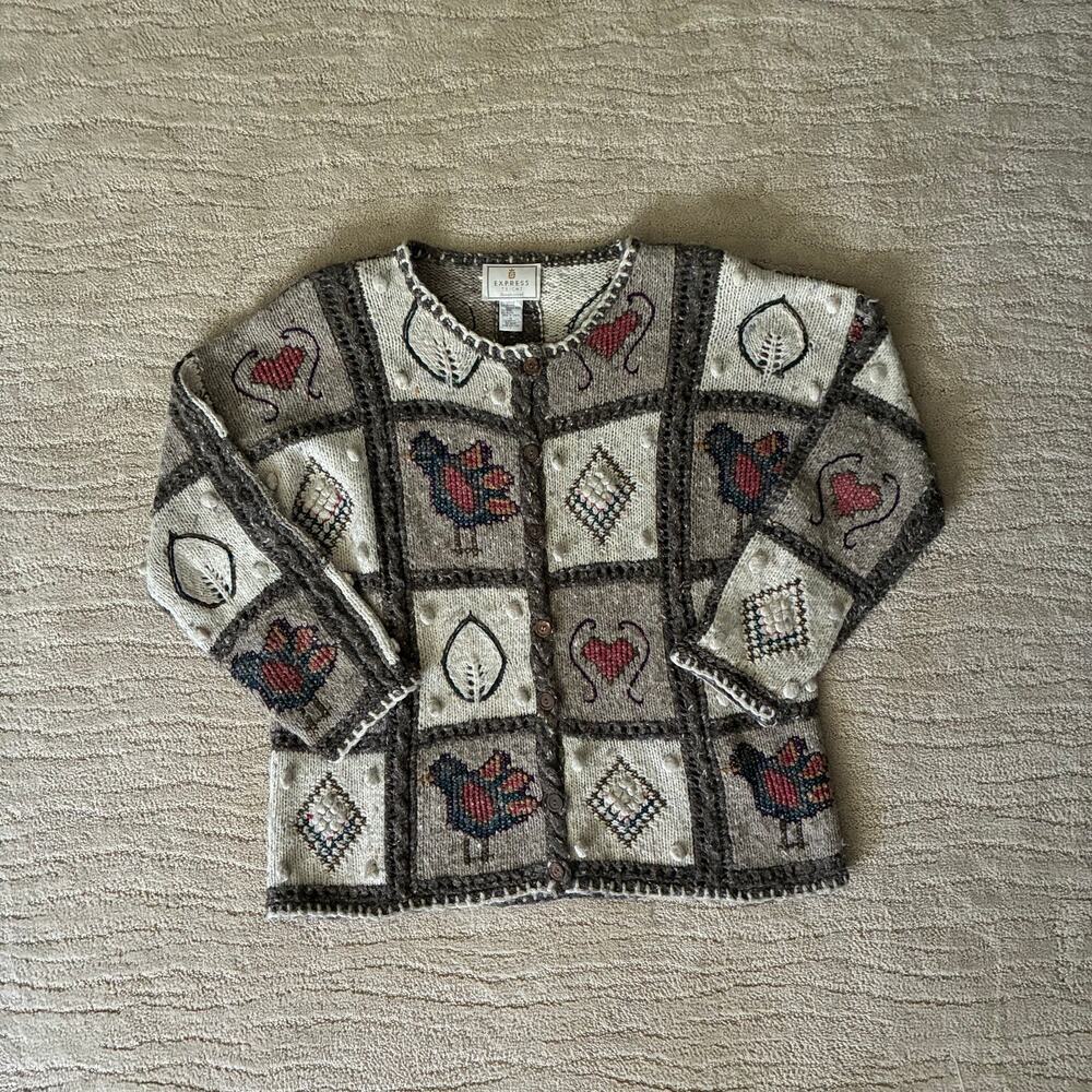 Vintage Hand Knit Express Tricot Angora Wool Blend Grandmacore Textured Cardigan